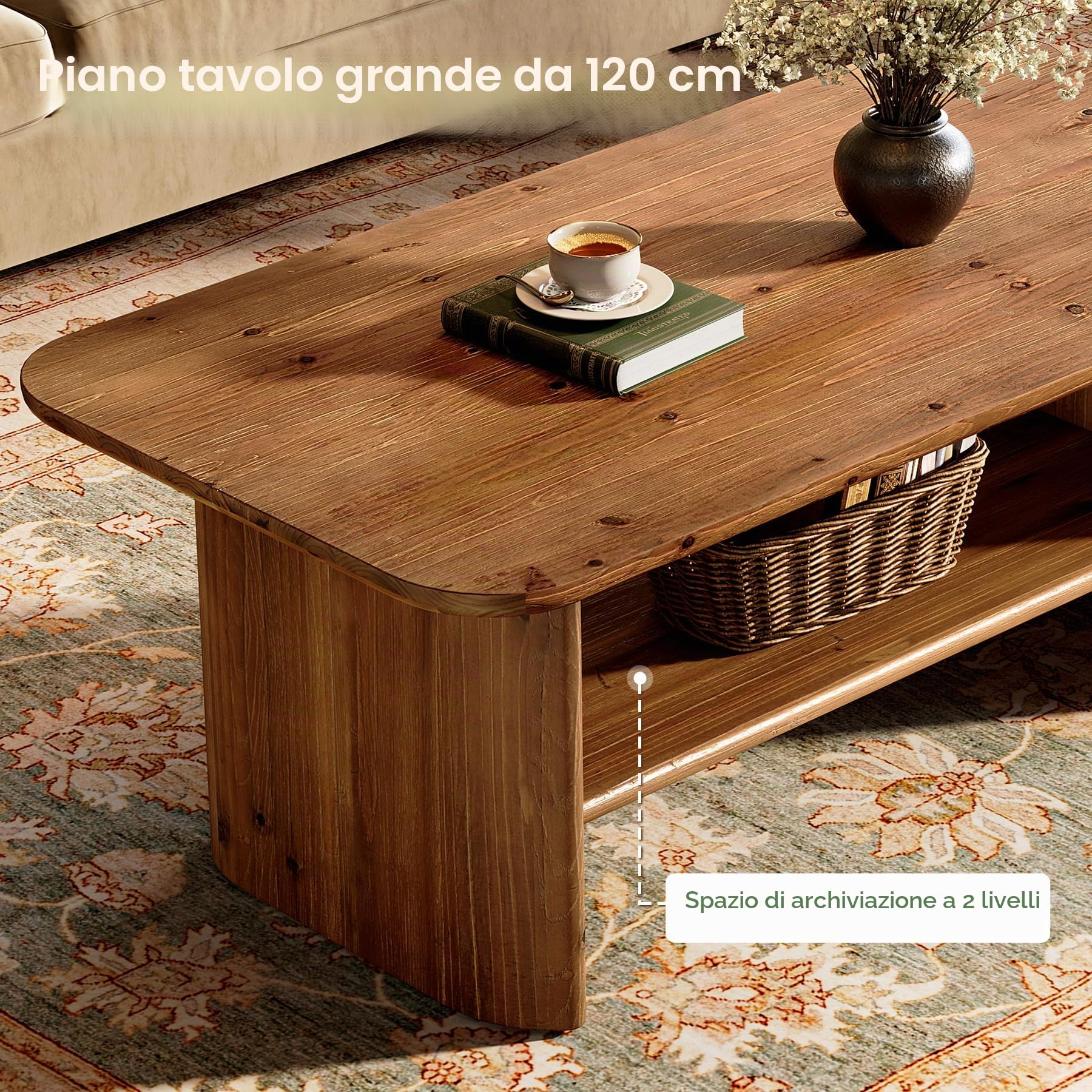 Tavolino da caffè in legno massello con vano portaoggetti, tavolo da soggiorno rettangolare lungo 120 cm, tavolino a 2 ripiani stabile per soggiorno, ufficio, marrone rustico