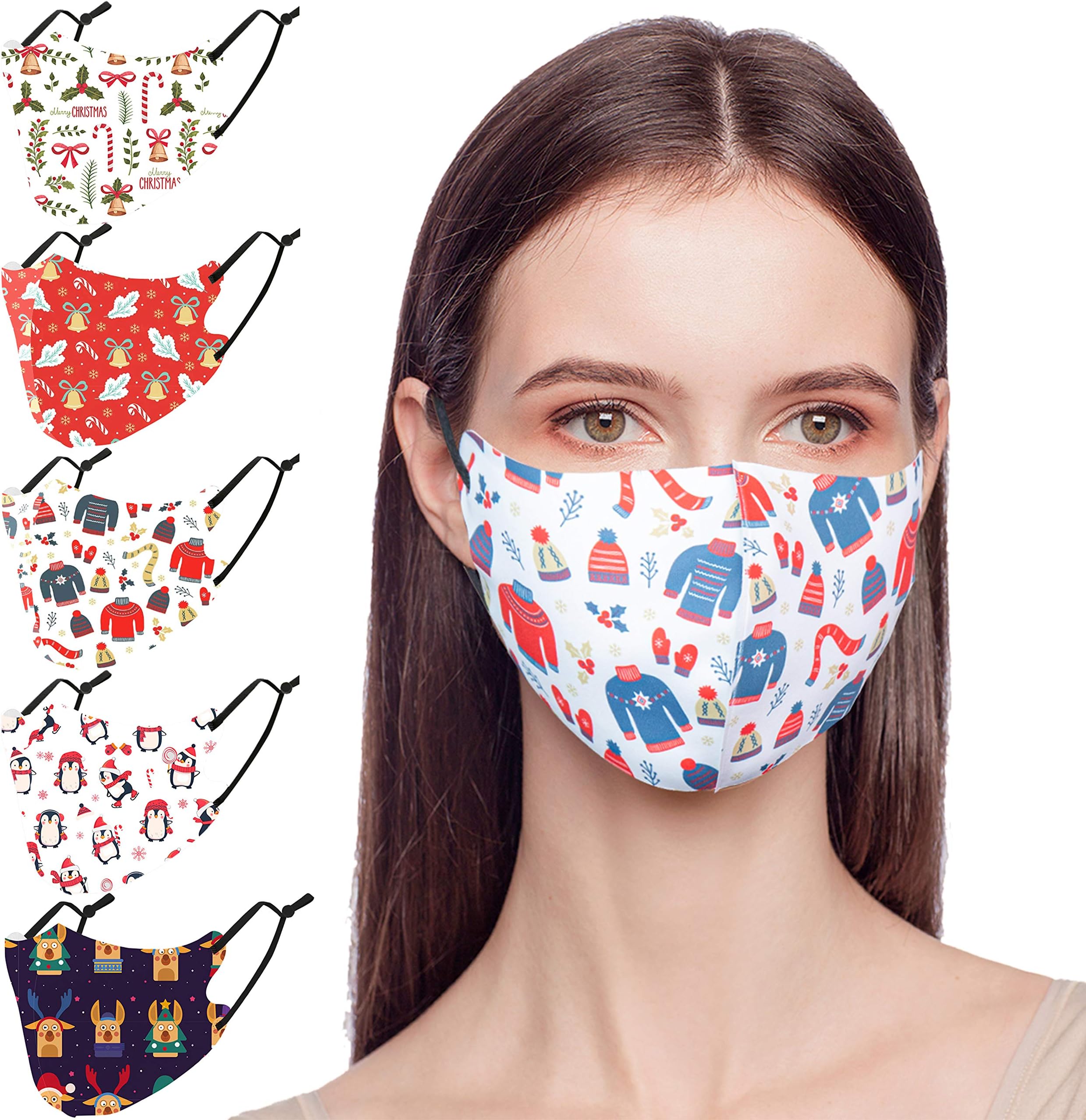 5PCS Adjustable Face Balaclavas, Reusable Cute Christmas Printed Pattern Cartoon Breathable Face Covering for Women,Men,Kids