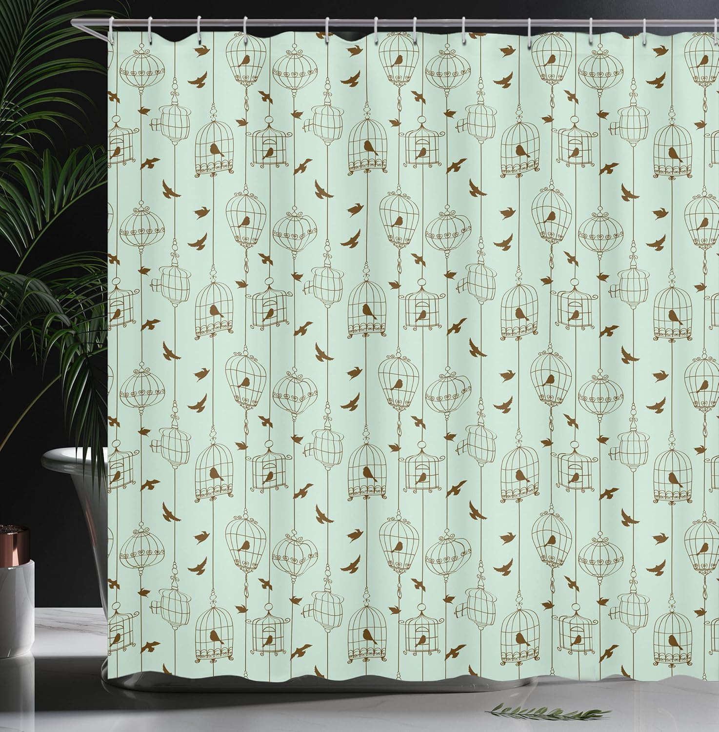 Ambesonne Vintage Shower Curtain, Pattern with Birds and Cages Illustration Freedom and Escape Artwork, Cloth Fabric Bathroom Decor Set with Hooks, 69" W x 75" L, Mint Green Army Green