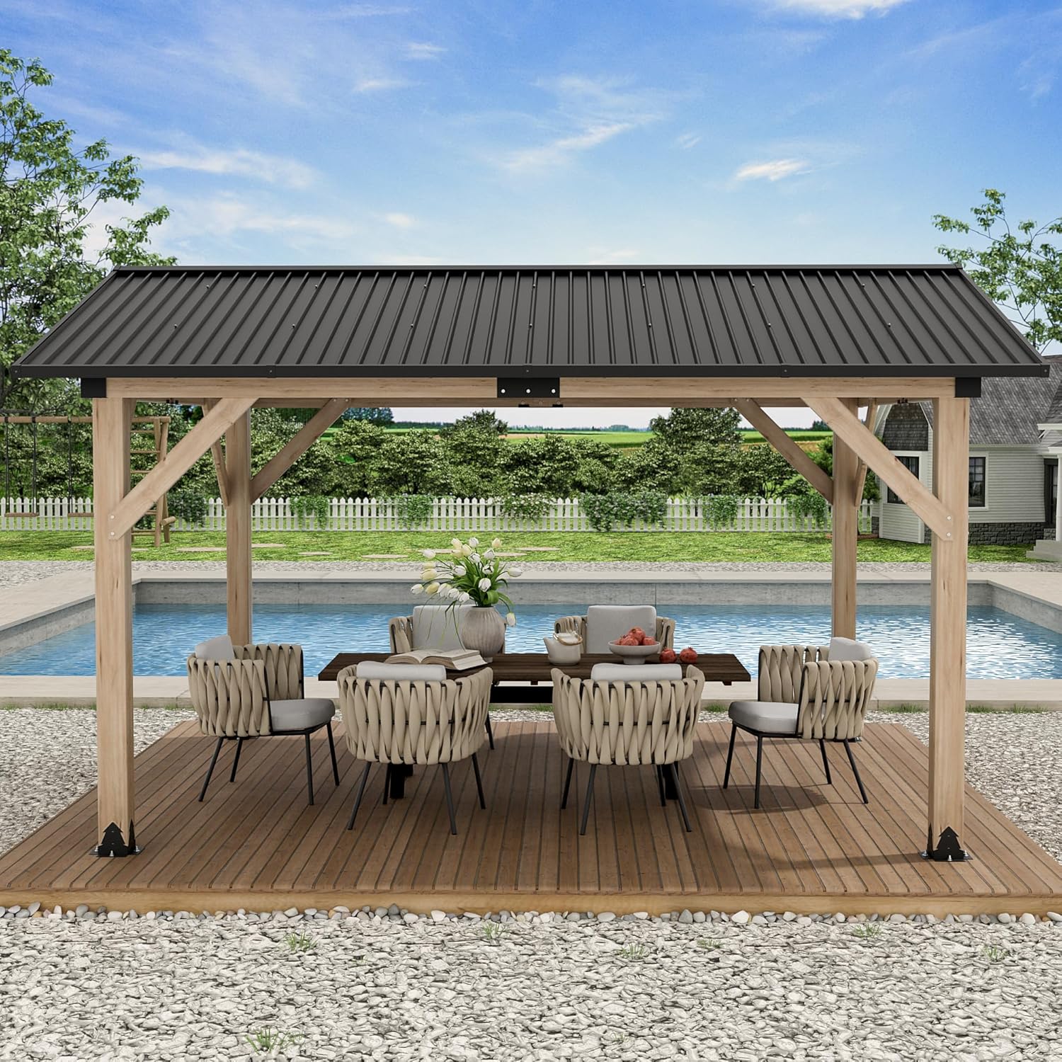 11‘x13’ Outdoor Patio Wooden Gazebo - Cedar Solid Wood Gazebo with Galvanized Steel Roof, Wooden Frame, Pavilion for Lawns, Beach, Patio, Garden (11X13FT)
