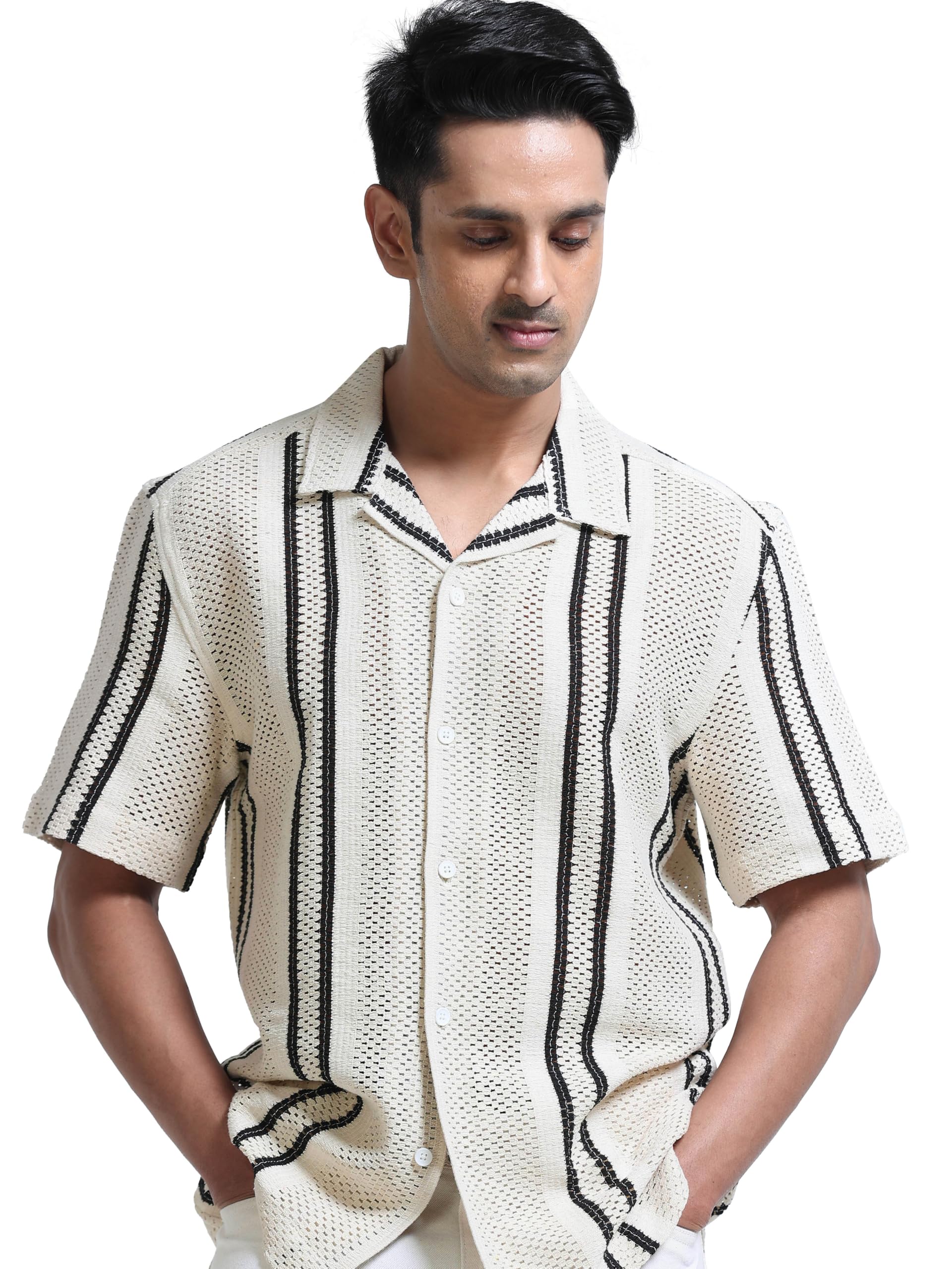 Men's Half Sleeve Textured Crochet Shirt Ecru Crochet-S-2XL-image-1
