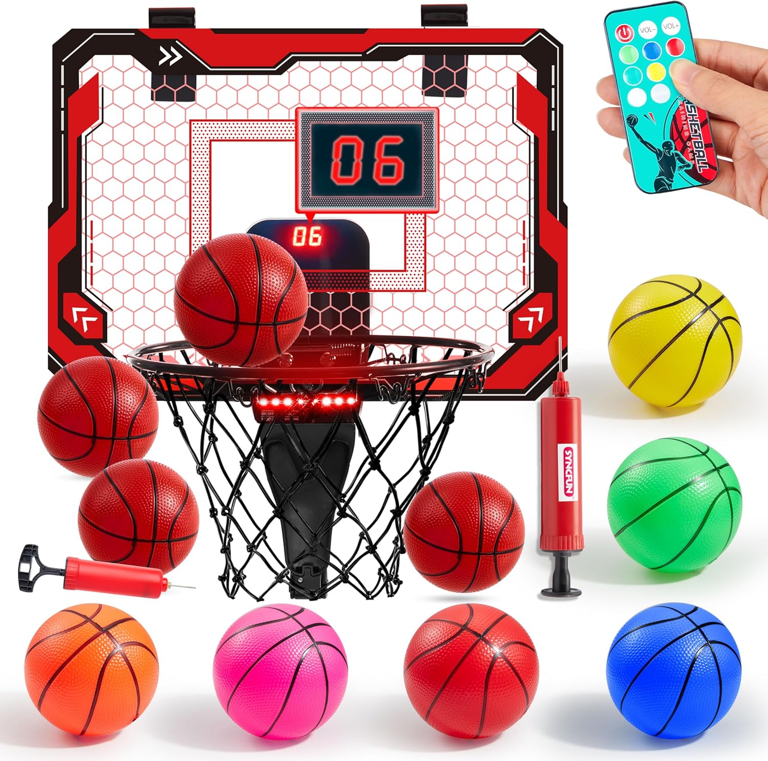 SYNCFUN Mini Indoor Basketball Hoop and 10 PCS Mini Basketballs Set, Bedroom Indoor Basketball, Basketball Toys Gifts for Boys Girls Ages 3 and UP(Red)