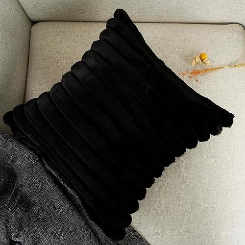 Miniatura 3 de YOUR SMILE Juego de 2 fundas de almohada decorativas de terciopelo suave y acogedora a rayas, piel sintética de conejo, decoración neutra moderna