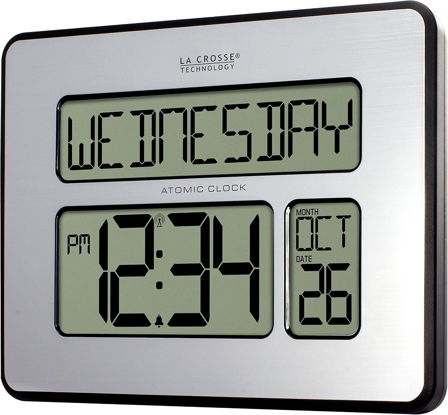 La Crosse Technology 513-1419-INT Atomic Full Calendar Clock with Extra Large Digits - Silver, 9.84"L x 1.14"W x 7.48"H