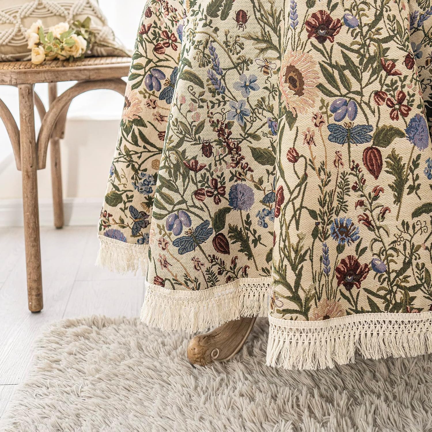 SUTAVIA Tablecloth 60" Round French Wild Floral Fabric Cotton Tassel
