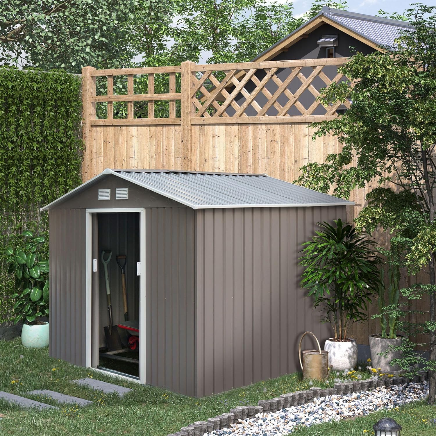 9x6ft All-Season Galvanized Steel Shed – Sloped Roof, 2 Sliding Entry Doors, 4 Convection Vents, Foundation Brackets, Grey