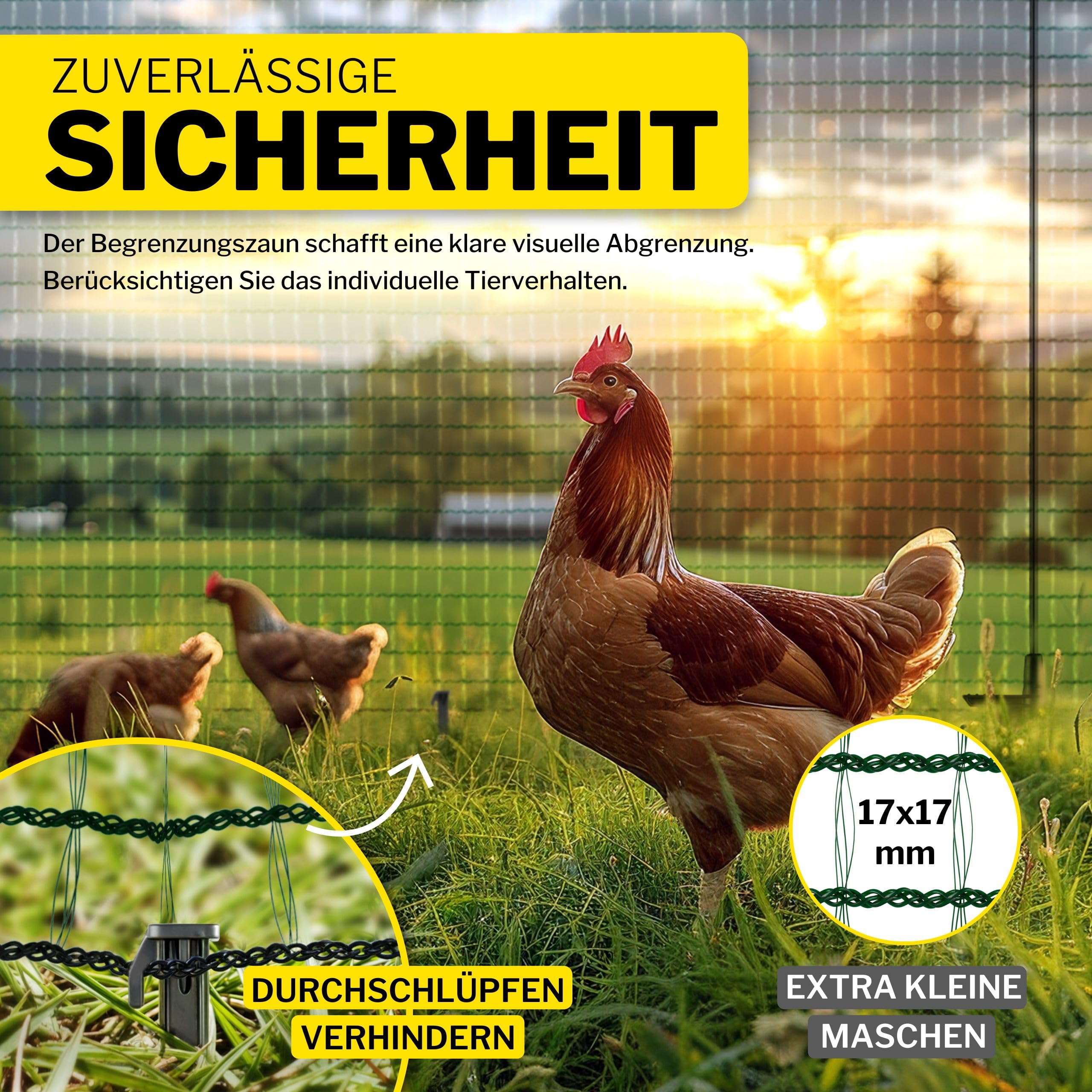 horizont Mobiler Hundezaun 20m x 80cm, 12 Pfähle – Steckzaun / Begrenzungszaun, engmaschiger Weidezaun, ideal als Hundezaun für Camping & Garten