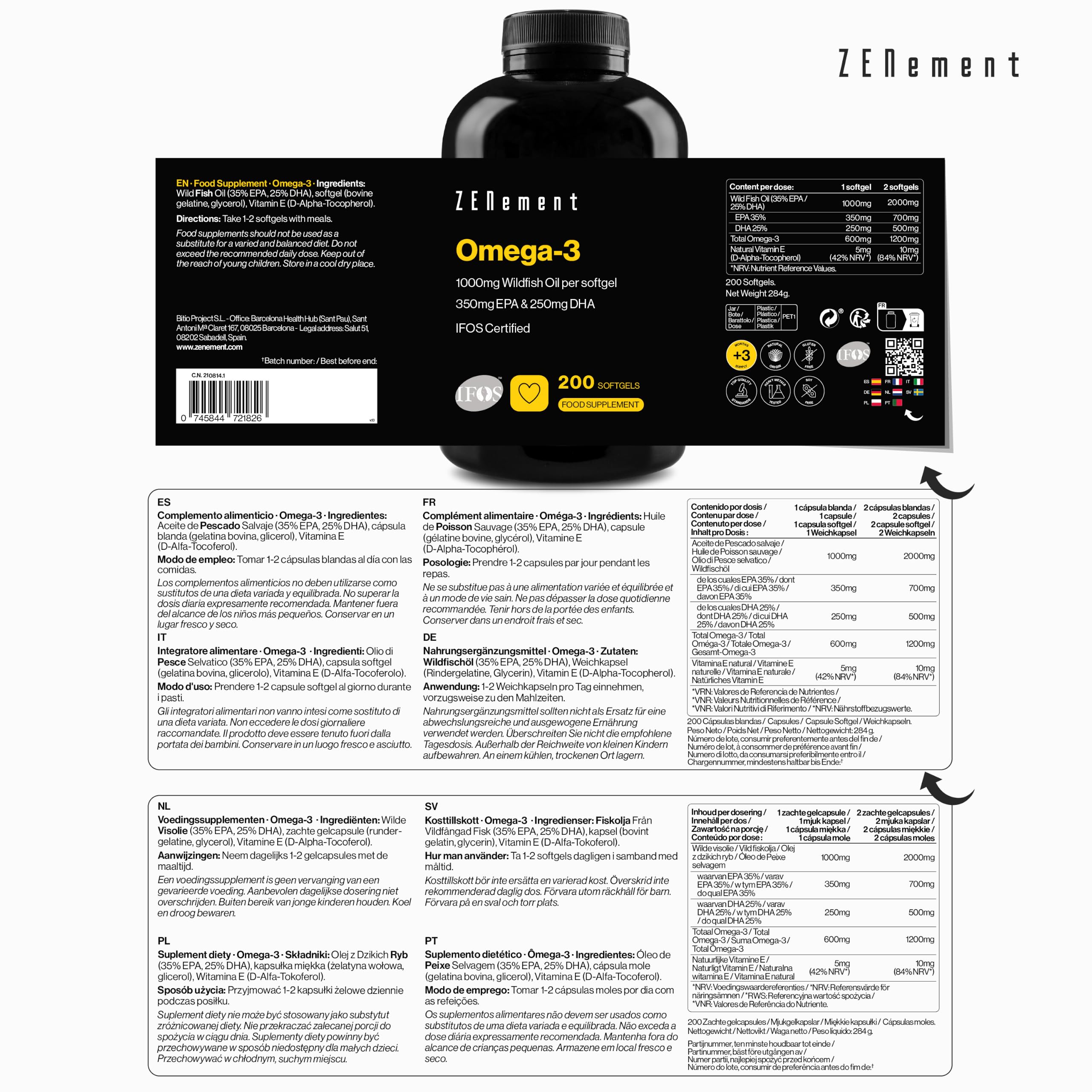 Omega-3 IFOS - 2000 mg (700 mg EPA + 500 mg DHA), Vitamin E - 200 Kapseln