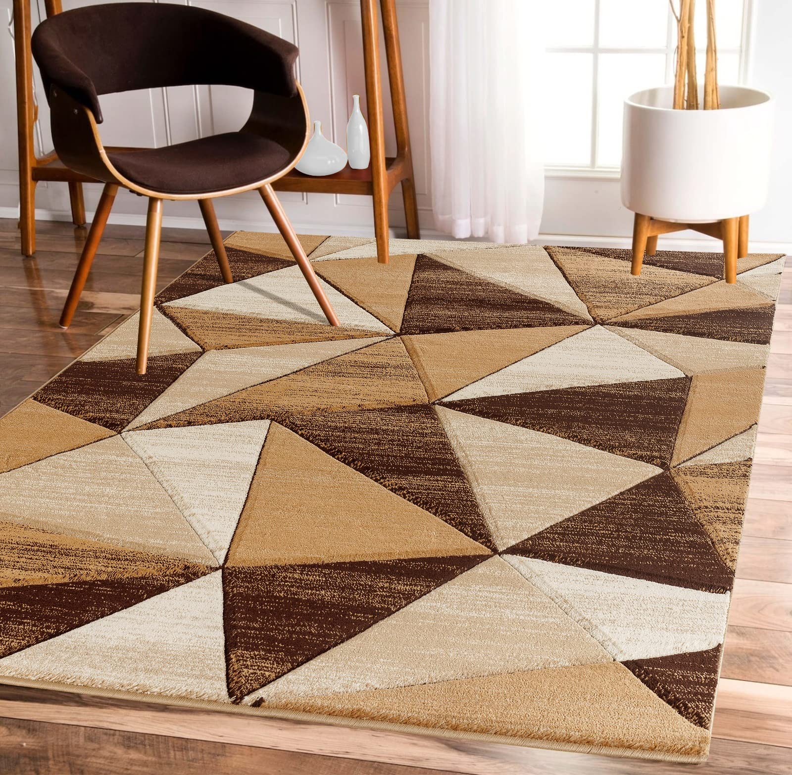 Glory Rugs Area Rug 4x6 Brown Modern Triangle Geometry Soft Hand Carved Contemporary Floor Carpet Fl