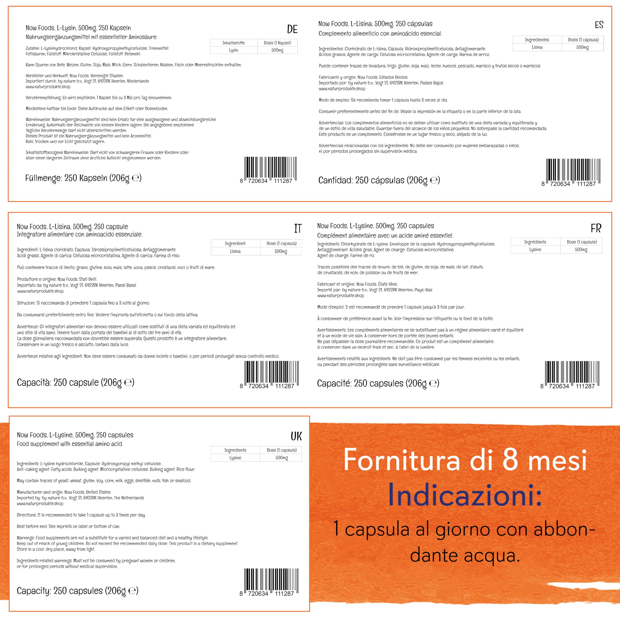 Now Foods, L-lisina, 500 mg, 250 capsule vegane, aminoacido