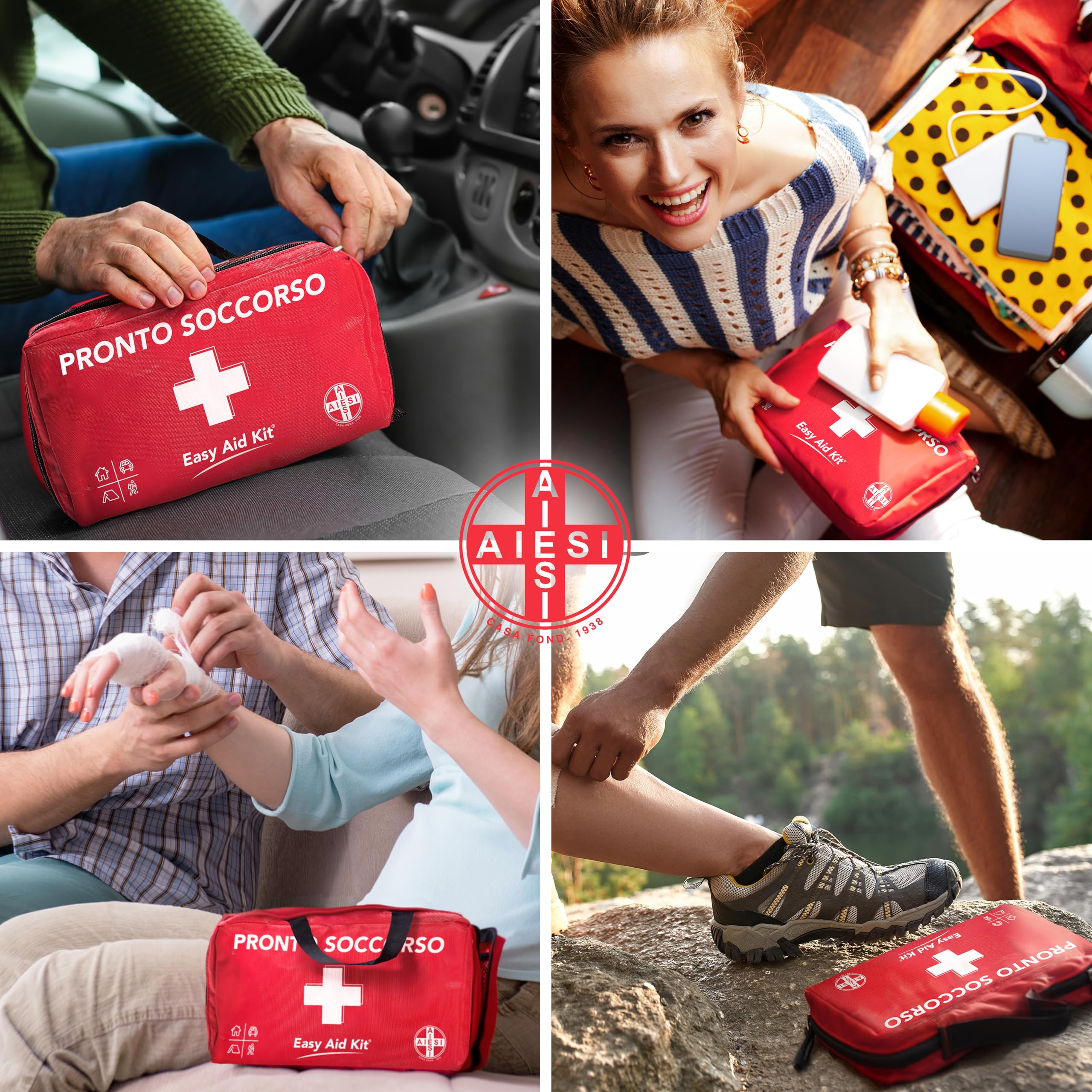 AIESI® Kit di Pronto Soccorso professionale con TERMOMETRO e DISINFETTANTE per auto casa viaggio barca moto trekking EASY AID KIT, Borsa di emergenza completa per medicazione, Made in Italy