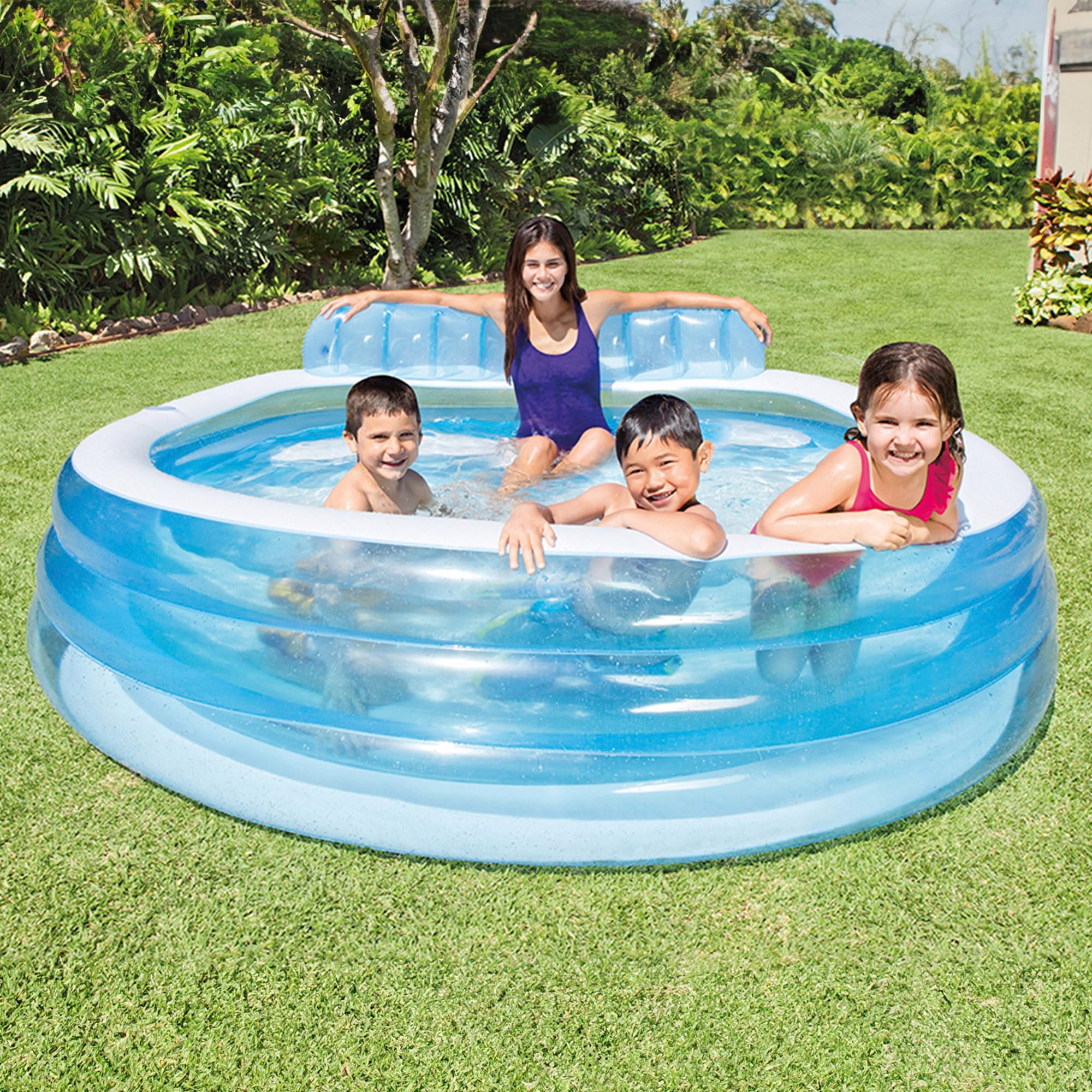 Intex Piscina hinchable redonda con respaldo, 229x218x79 cm, 590 litros, 2 cámaras de aire, 2 portabebidas, Tapón de desagüe, Vinilo resistente, Parche de reparación, +3 años, Diversión verano (57190)