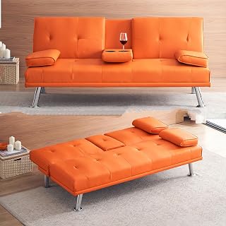 Futon Sofa Bed Modern Folding Couch for Small Space, Faux Leather Convertible Loveseat Sleeper Bed Daybed Recliner Lounge Sofas for Living Room,2 Cup Holders,Metal Legs,Removable Armrests (Orange)
