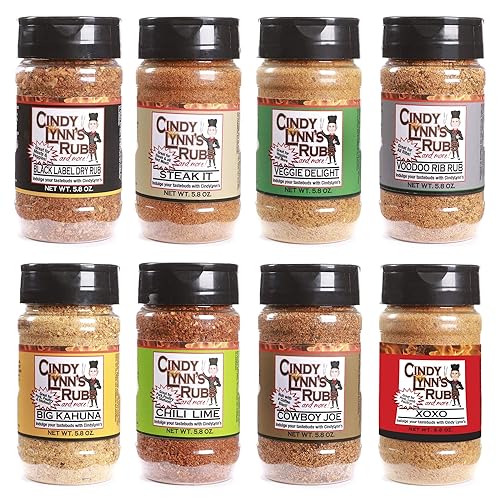 Cindy Lynn's - Juego de condimentos mixtos para barbacoa, 5.8 onzas, paquete de 8 frotes secos y condimentos para parrilla, kahuna grande, filete,