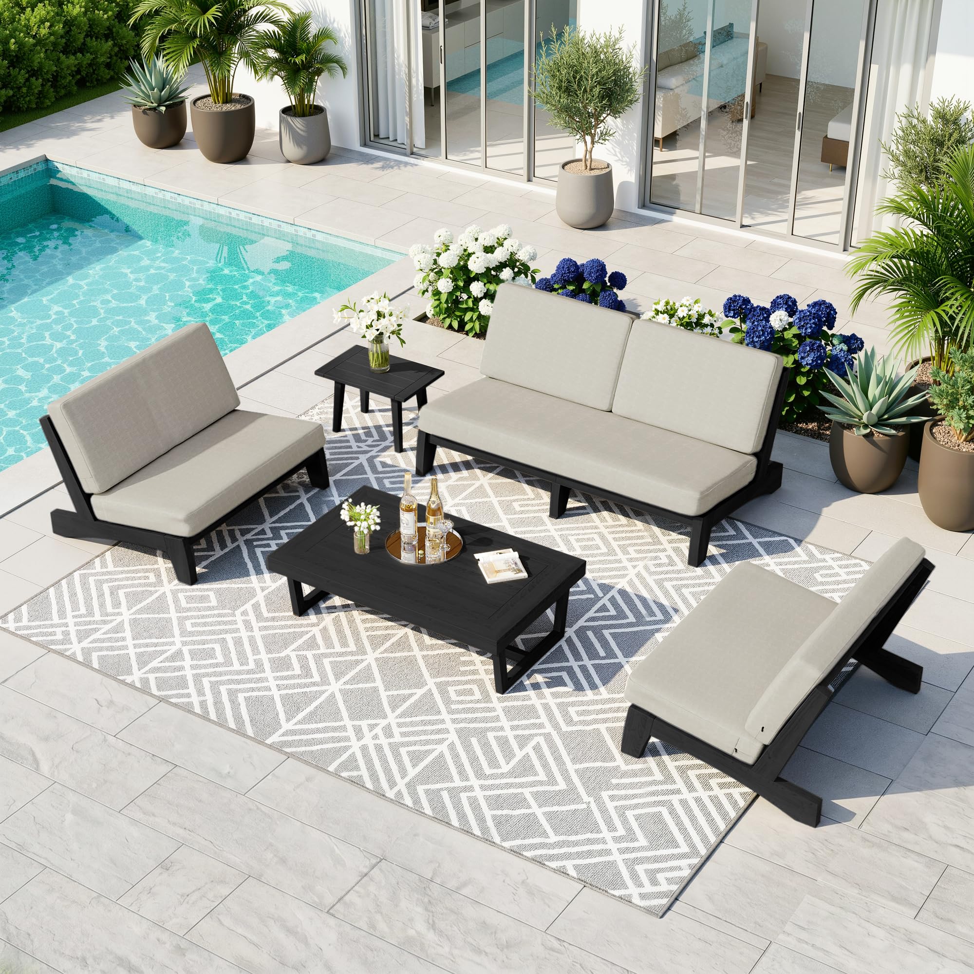 Pia Ricoo 5-Piece Patio Furniture Set, Outdoor Sofa with 2 Loveseat, 2 Chairs &amp; Coffee Table, All-Weather Conversation Set for Backyard/Deck/Lawn - Light Camel/Dark