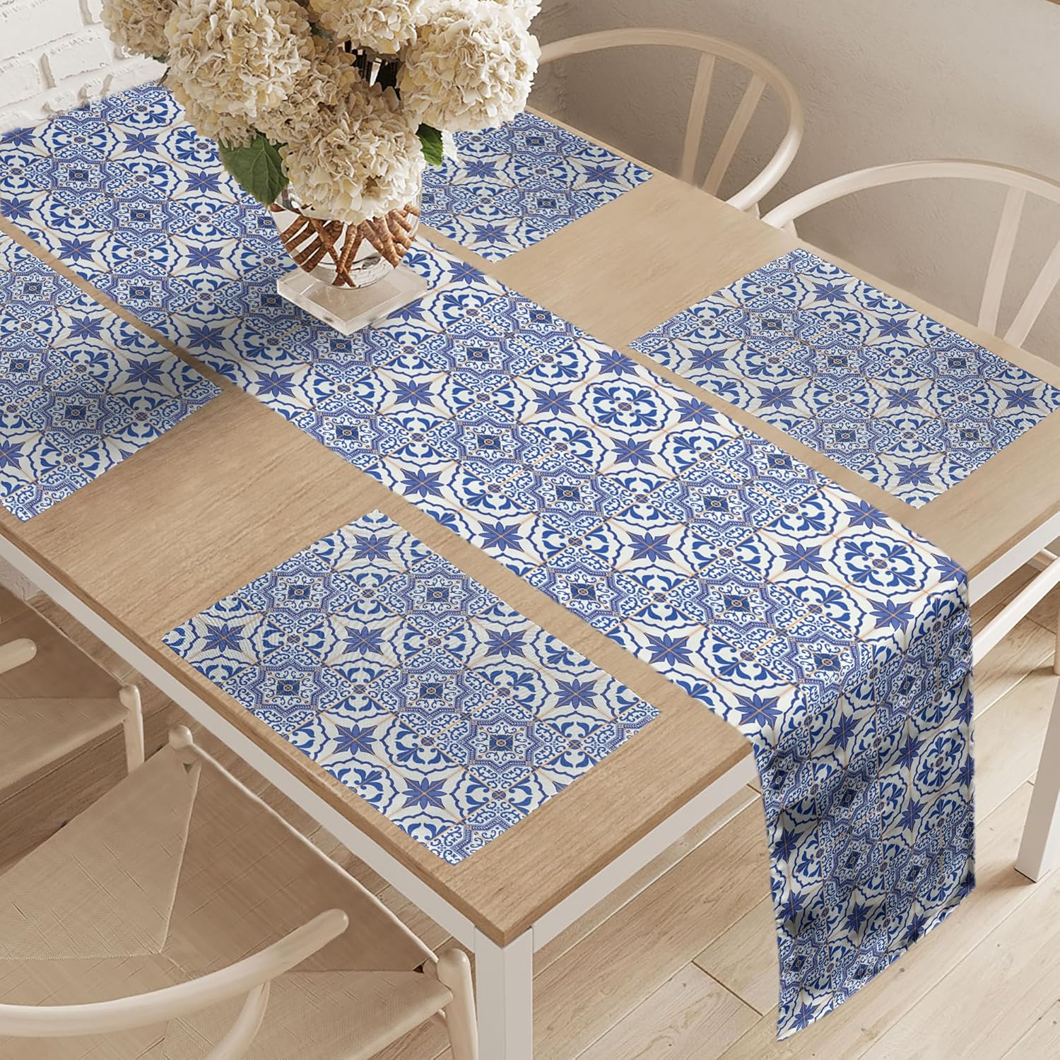 Ambesonne Moroccan Table Runner & Placemats, Portuguese Tiles Squares Grid Style Pattern Oriental Motif, Set for Dining Table Decor, Placemat 4 pcs + Runner 16"x72", Violet Blue Orange White