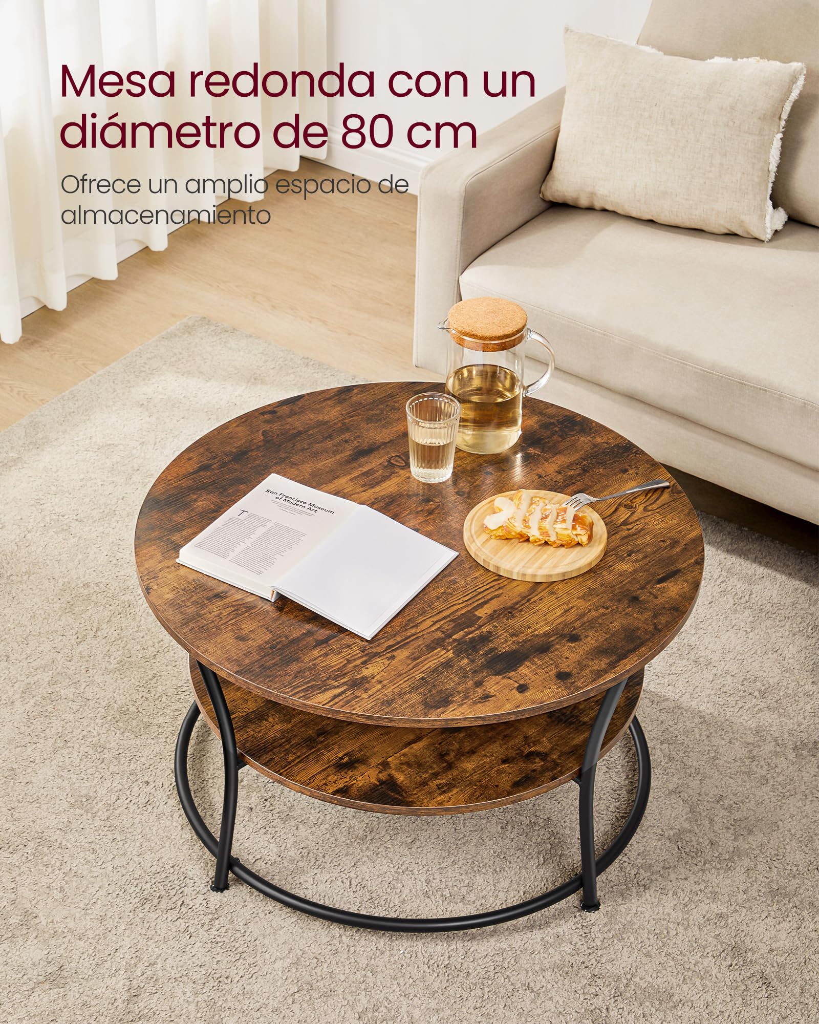 VASAGLE Mesa de Centro, Mesa Redonda Pequeña con Estante, Metal | Mesa de Café, Montaje Fácil, Diseño Industrial, Marrón Rústico y Negro, Colección BAMPU LCT80BX
