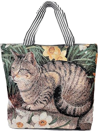Cat Canvas Tote Bag, Cute-Tabby Shoulder Bag with Zipper and for Women, Reusable for Grocery Shopping Beach Travel
