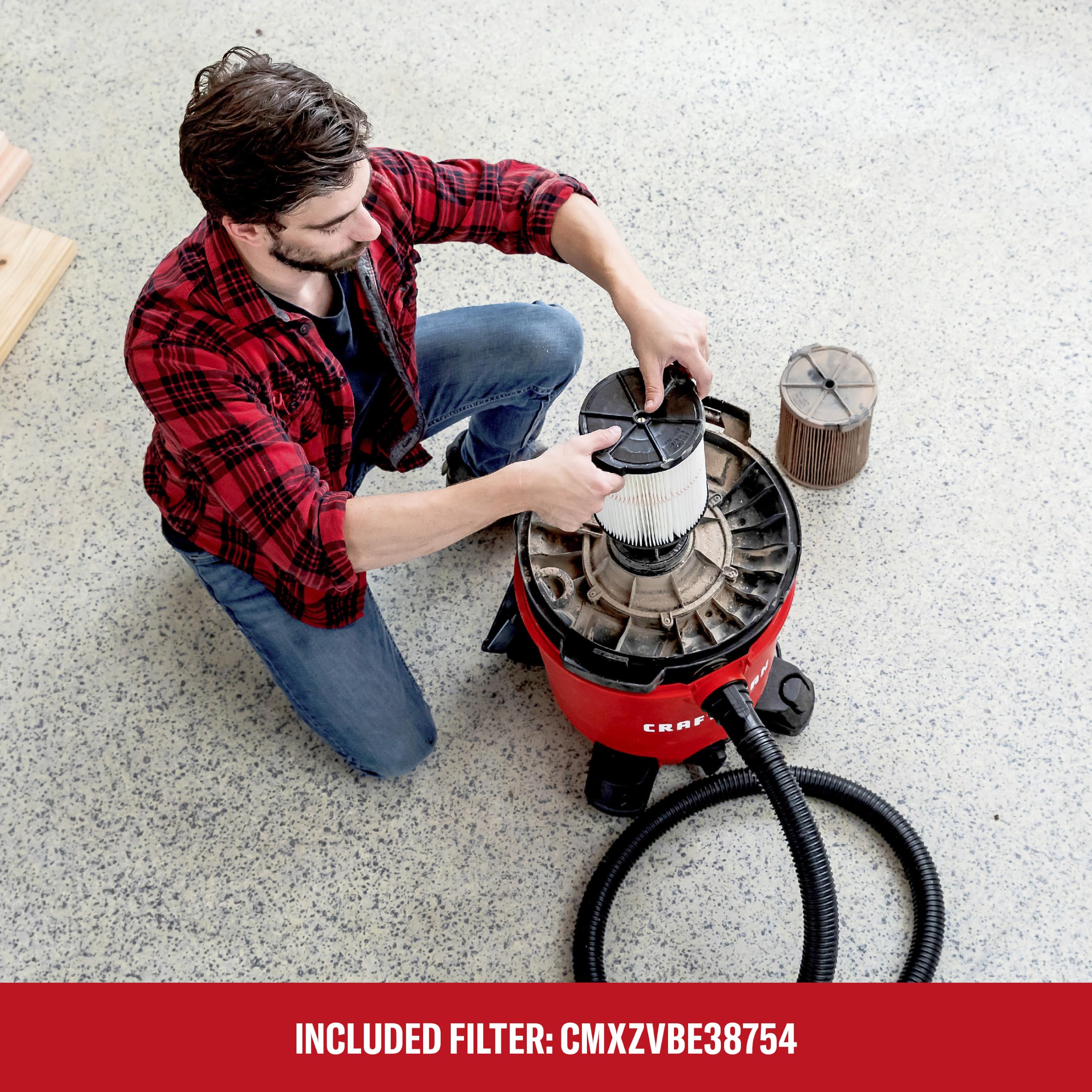 CRAFTSMAN CMXEVBE17590 Przenośny odkurzacz warsztatowy do pracy na mokro i sucho, pojemność 34 l, moc szczytowa 4,25 KM, z filtrem, workiem na kurz, wężem i akcesoriami, do domu, garażu i samochodu