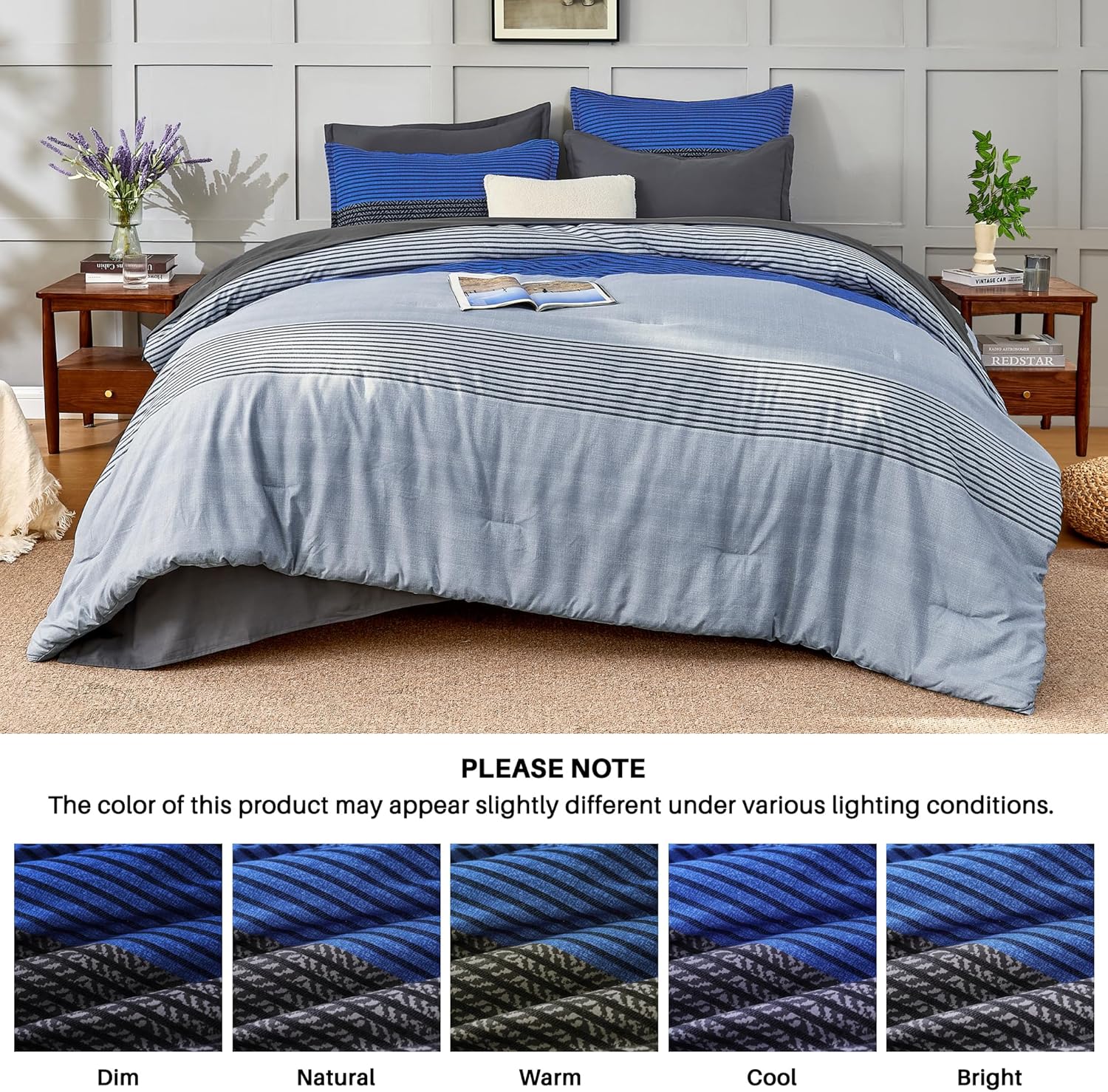 Andency Full Size Comforter Set 7 Pieces - Blue Grey Striped Lightweight Bed in a Bag, Soft Microfiber Farmhouse All Season Bedding Set with Comforter, Fitted & Flat Sheet, Pillowcases & Shams - Image 9