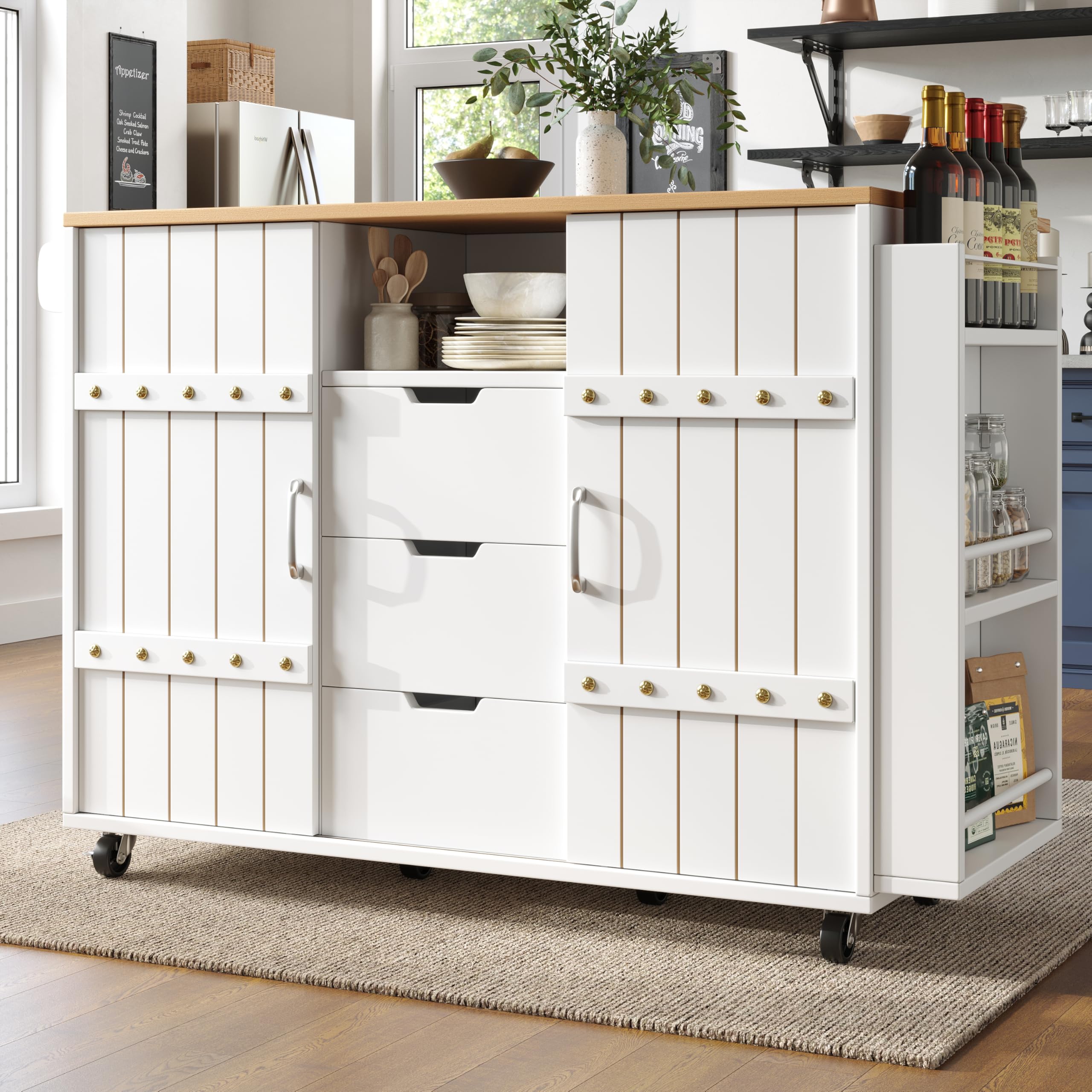 BTM Kitchen Island On Wheels Worktop Cabinet Kitchen Storage Cabinet Serving Trolley With Drawers, Spice Rack, Drop Leaf Table White โ image 1
