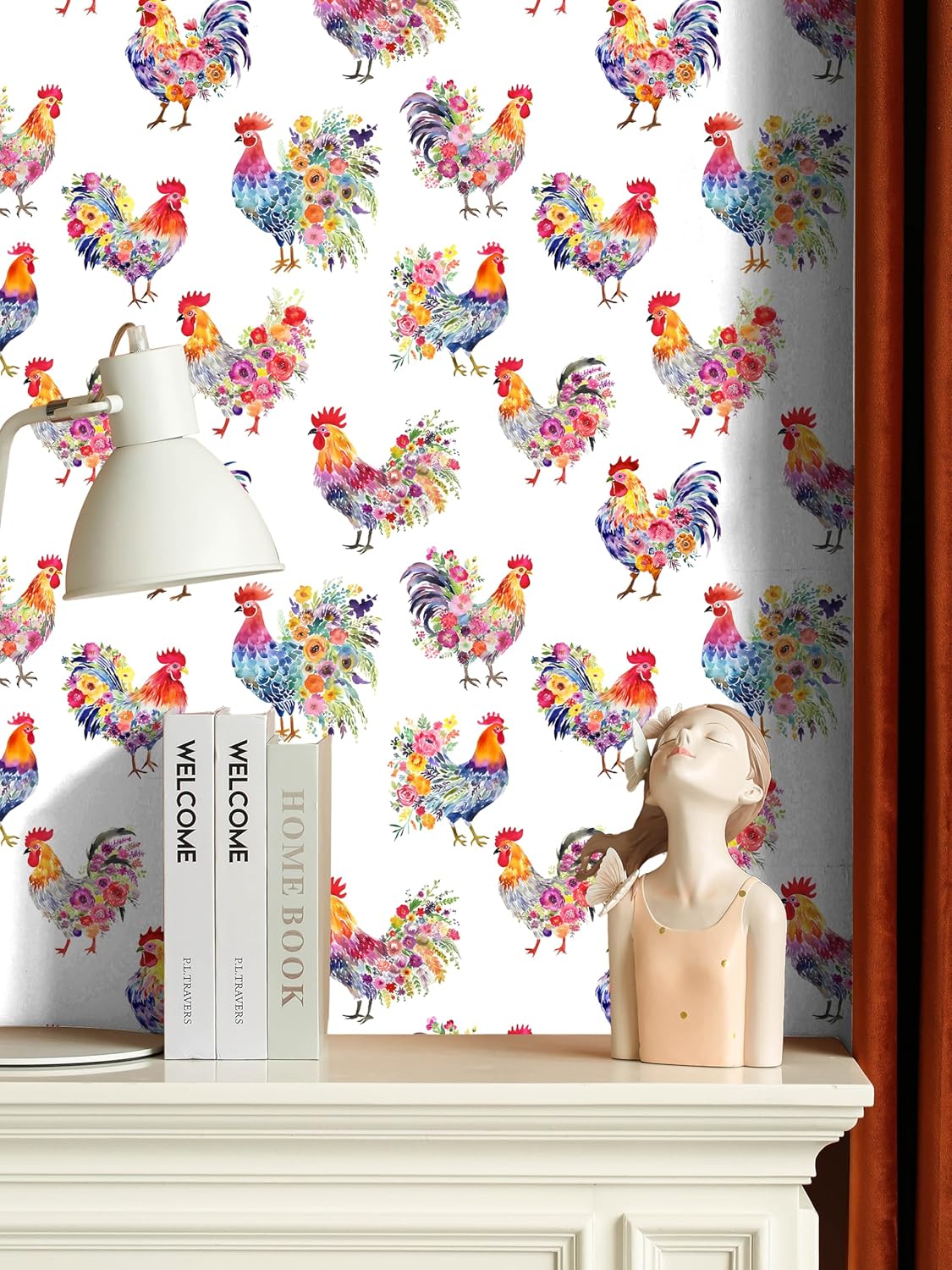 HAOKHOME Chicken Wallpaper Peel and Stick Floral Animal Renter Friendly Contact Paper White/Red/Blue for Bathroom 17.3in x 9.8ft