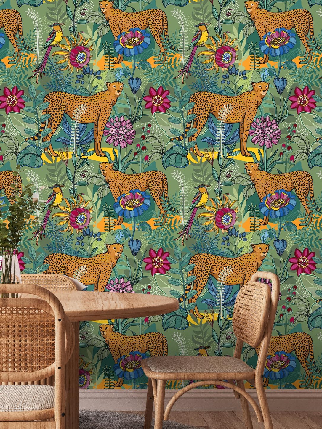 Floralplus Peel and Stick Wallpaper Floral Jungle Leopard Wallpaper for Bathroom Animal Boho Removable Renter Friendly Cheetah Leaf Contact Paper for Bedroom Cabinet 17.5 x 118 in