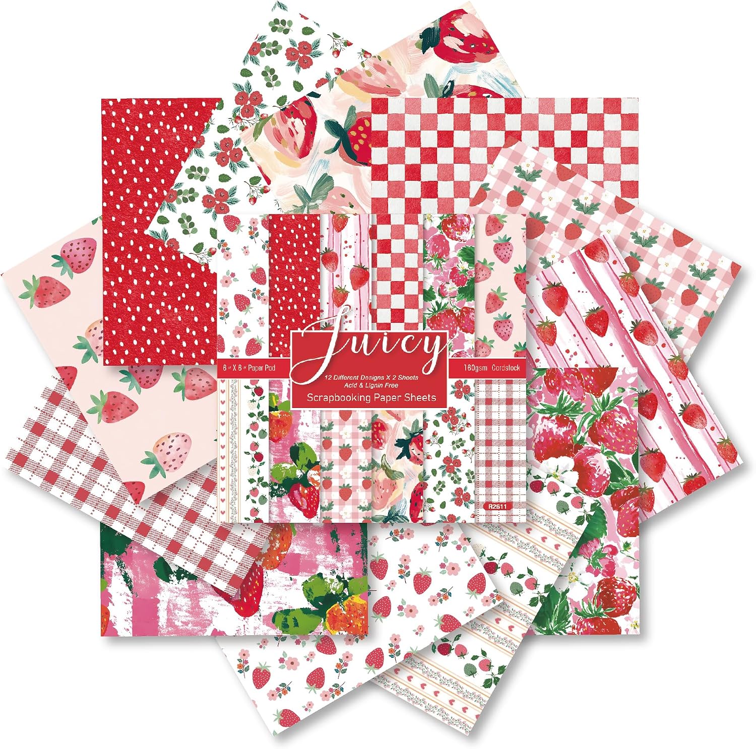 24 Sheets 6'' x 6'' Strawberry Scrapbook Paper Fruit Pattern One Sided Cardstock for DIY Photo Album Card Making Decorative Paper