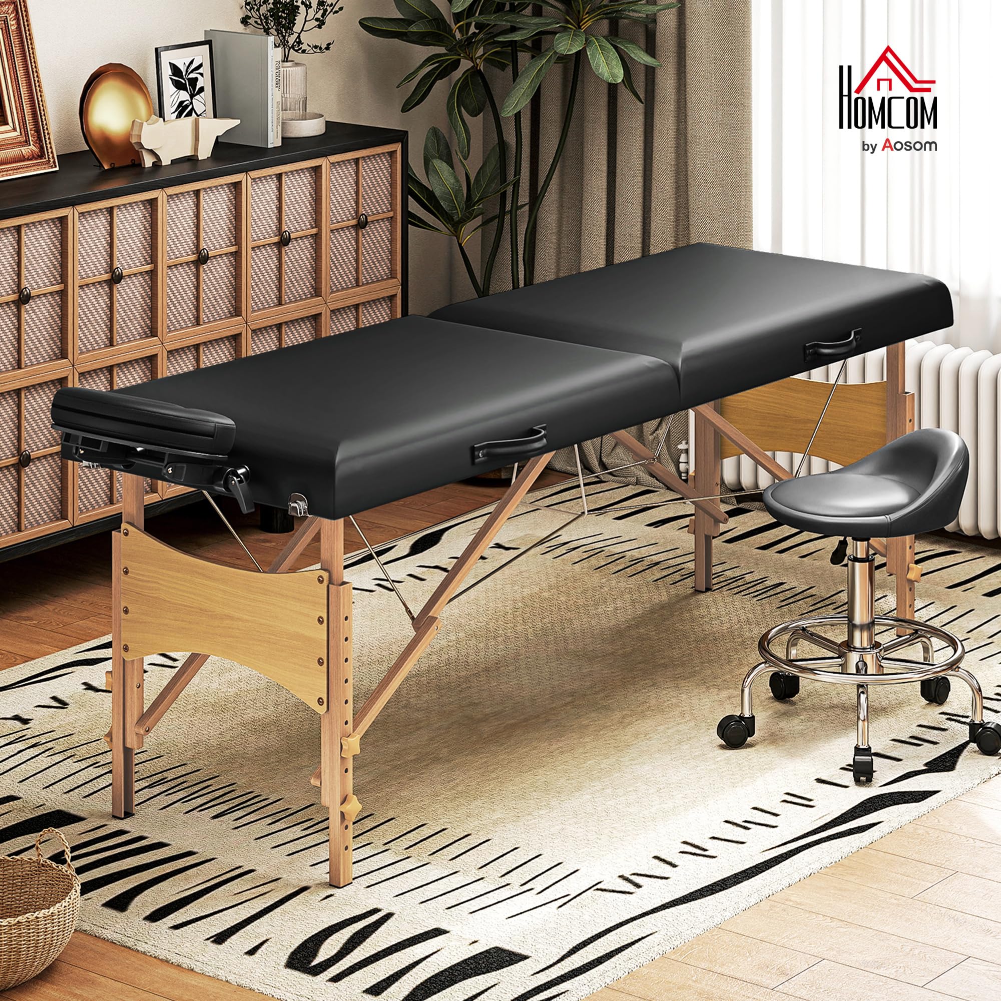 HOMCOM Mobile Massageliege 2 Zonen Klappbar Massagetisch Höhenverstellbar Massagebank 70 cm Breit mit Kopfstütze, Holzfüßen Massagebett Kosmetikliege Schwarz