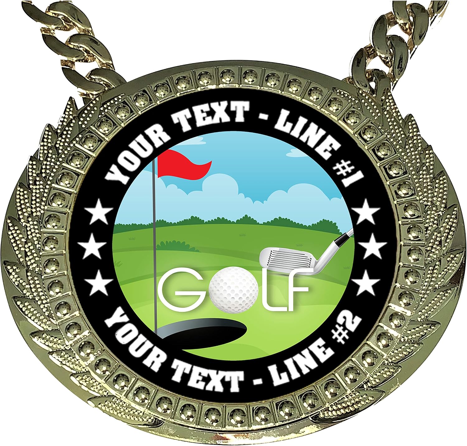 Express Medals Custom Golf Champ Chain Trophy with 2 Lines of Personalized Text on a Large Rigid Plastic Award Medal and 34 Inch Long Gold Color Neck Chain. EG130