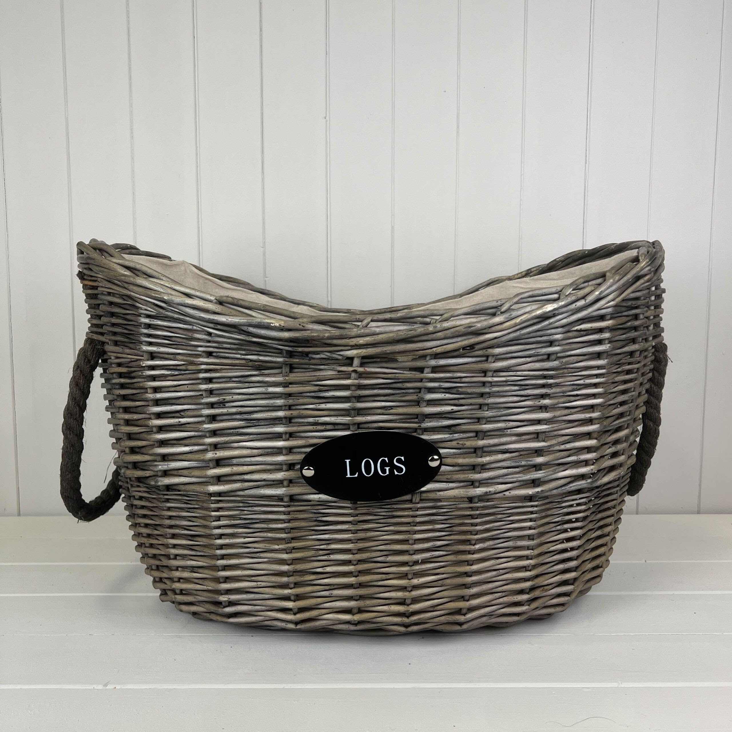 Fyne-Finds Brown Oval Tapered Log Basket With Handles Wicker Firewood Storage Basket With Liner Logs Plaque