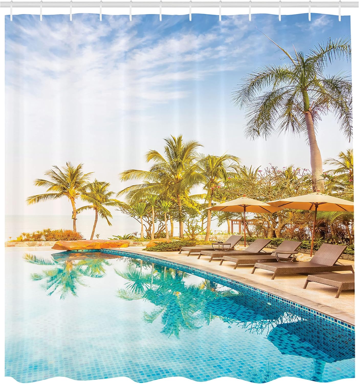 Ambesonne Landscape Shower Curtain, Aerial View of a Poolside Exotic Island Vacation Times Summer Holiday Photo, Cloth Fabric Bathroom Decor Set with Hooks, 69" W x 70" L, Sky Blue Soft White Green