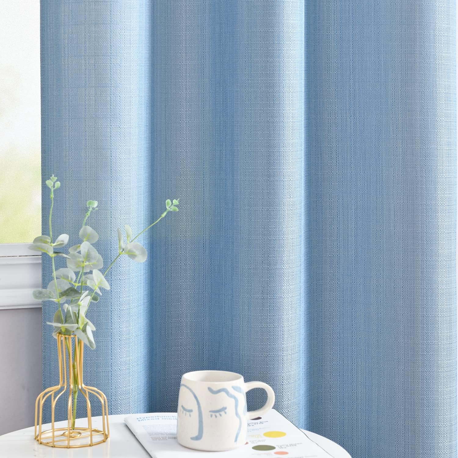 jinchan Blue Curtains for Living Room Linen Textured Curtains 96 Inches Long Farmhouse Casual Weave Back Tab Drapes Light Filtering Window Draps 2 Panels Heathered Blue