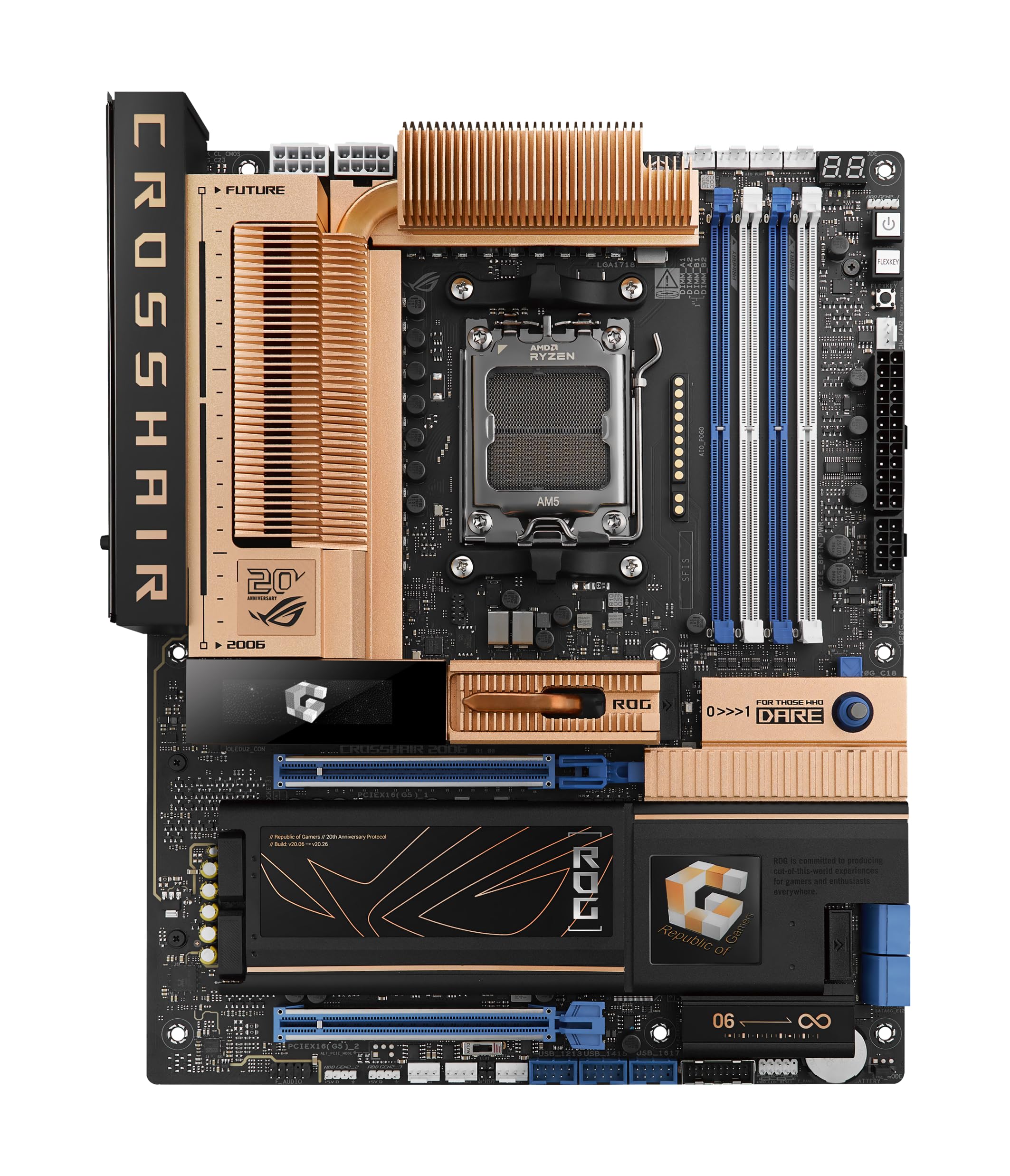 ASUS ROG Crosshair 2006, AMD AM5 X870E ATX, hołd dla pierwszej płyty głównej ROG, 20 + 2 stopnie zasilania, DDR5, 5 gniazd M.2, Wi-Fi 7, Ethernet Realtek 10 GB, wyświetlacz OLED, ASUS AI Advisor | AMD AM5, 20+2+2, DDR5, 2-calowy wyświetlacz OLED, 5 gniazd