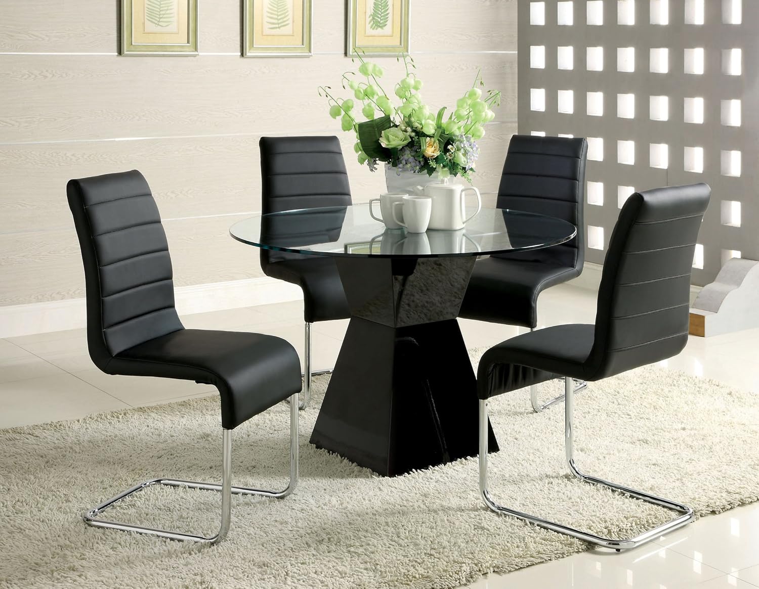 Furniture of America Ethervale Modern Round Dining Table assembled in a dining room setting with chairs