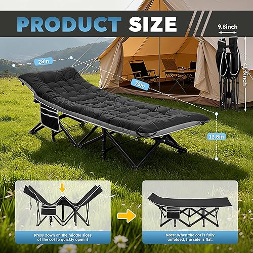 Miniatura 6 de HABUTWAY Catre de campamento, catre portátil para adultos, catre para dormir de 28 pulgadas de ancho, carga máxima de 600 libras con colchón grueso