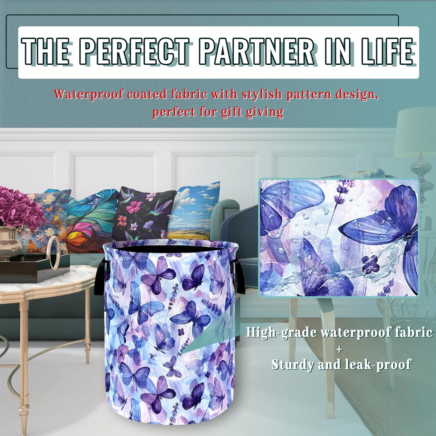 Blue Purple Butterfly Laundry Basket Foldable With Handles Tote Bag Oxford Cloth Colorful Laundry Hamper Clothes Storage Bucket Toy Organizer 18.9" x 16.5" For Bathroom/Laundry/Bedroom