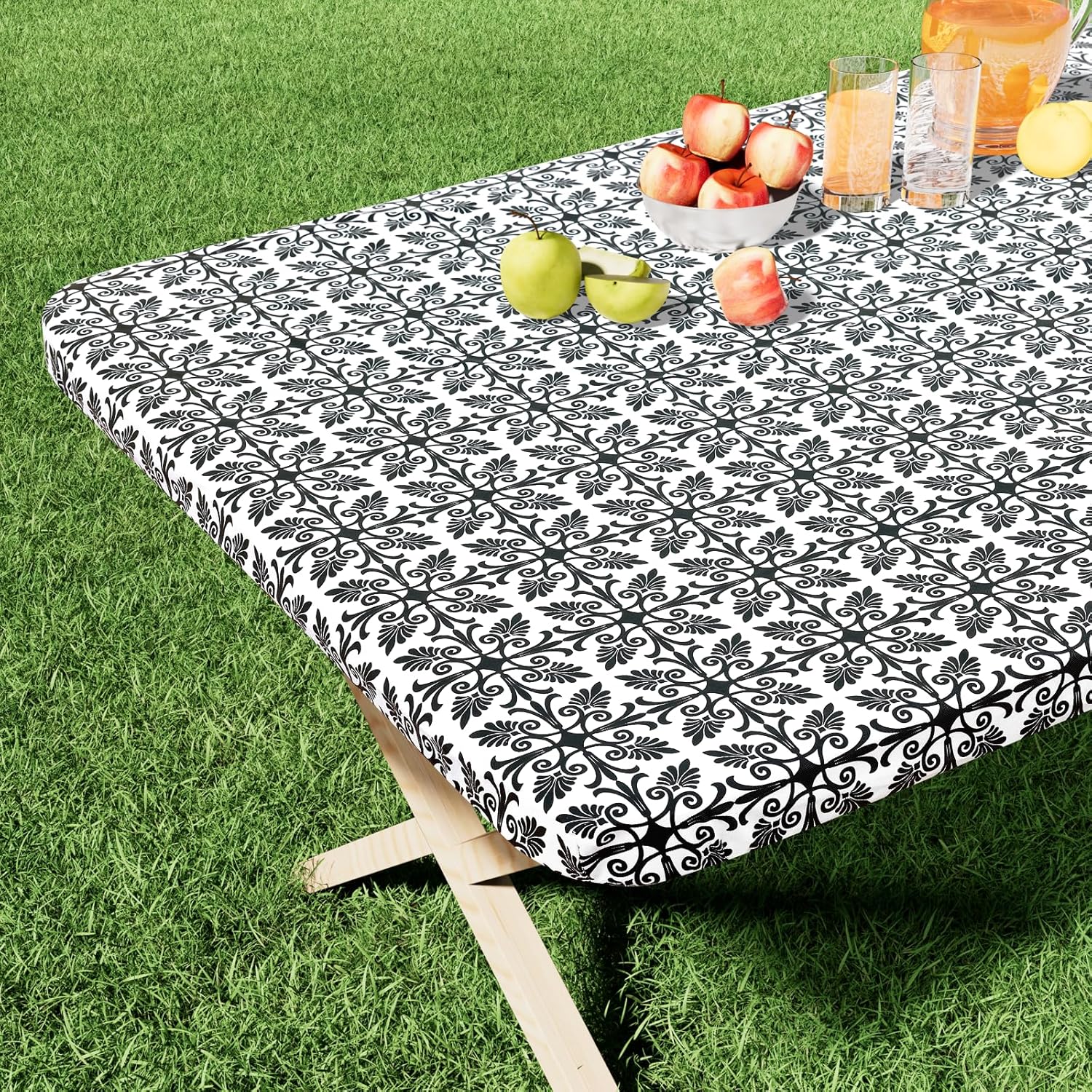 misaya Rectangle Vinyl Table Cloth, Elastic Fitted Flannel Backed Tablecloth, 100% Waterproof Plastic Table Cover Fits 6 Foot Folding Tables for Picnic, Camping, Outdoor (Black, 30" x 72")
