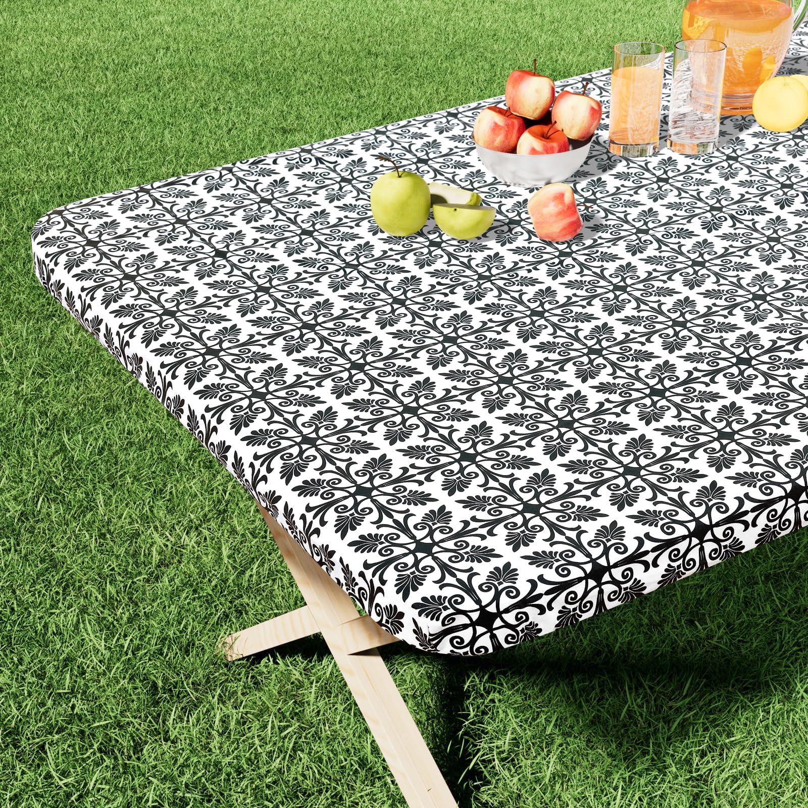 misaya Rectangle Vinyl Table Cloth, Elastic Fitted Flannel Backed Tablecloth, 100% Waterproof Plastic Table Cover Fits 6 Foot Folding Tables for Picnic, Camping, Outdoor (Black, 30" x 72")