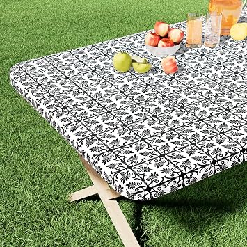 misaya Rectangle Vinyl Table Cloth, Elastic Fitted Flannel Backed Tablecloth, 100% Waterproof Plastic Table Cover Fits 6 Foot Folding Tables for Picnic, Camping, Outdoor Black, 30" x 72"