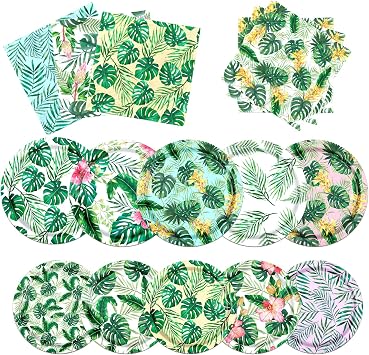 60Pcs Tropical Luau Party Supplies,Tropical Floral Luau Plates and Napkins Hawaiian Palm Leaf Theme Decorations for Summer Beach,Hawaiian Birthday Party Decorations