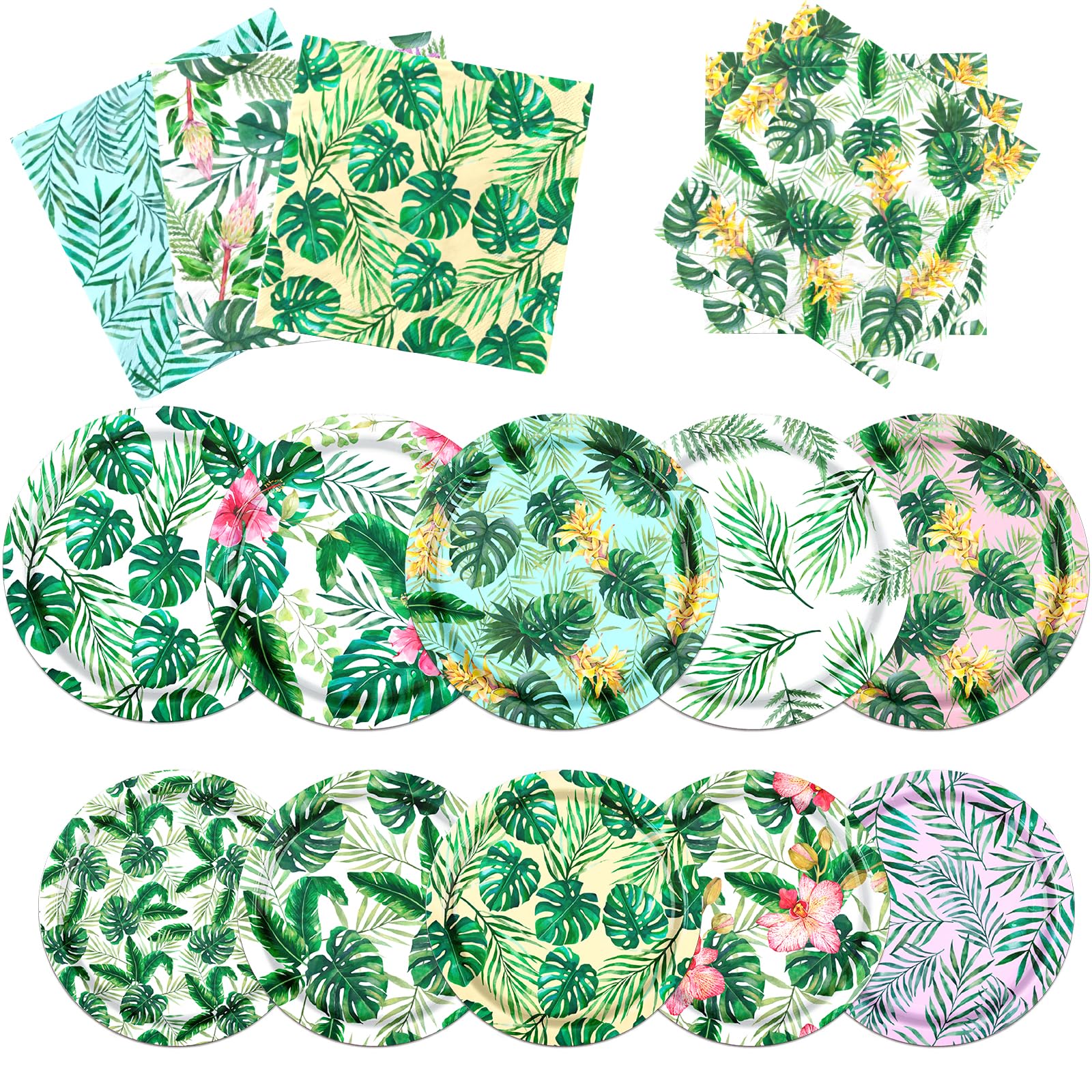 Suministros de fiesta tropical Luau, 60 platos y servilletas hawaianas para fiesta de cumpleaños hawaiana, decoraciones temáticas de hojas de palma tropicales para verano, piscina, playa, recuerdos de