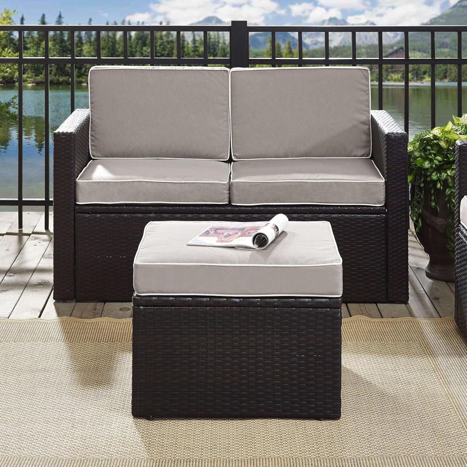 Crosley Furniture Palm Harbor Wicker Outdoor Ottoman Foot Rest for Patio, Deck, Porch, Brown with Gray Cushions