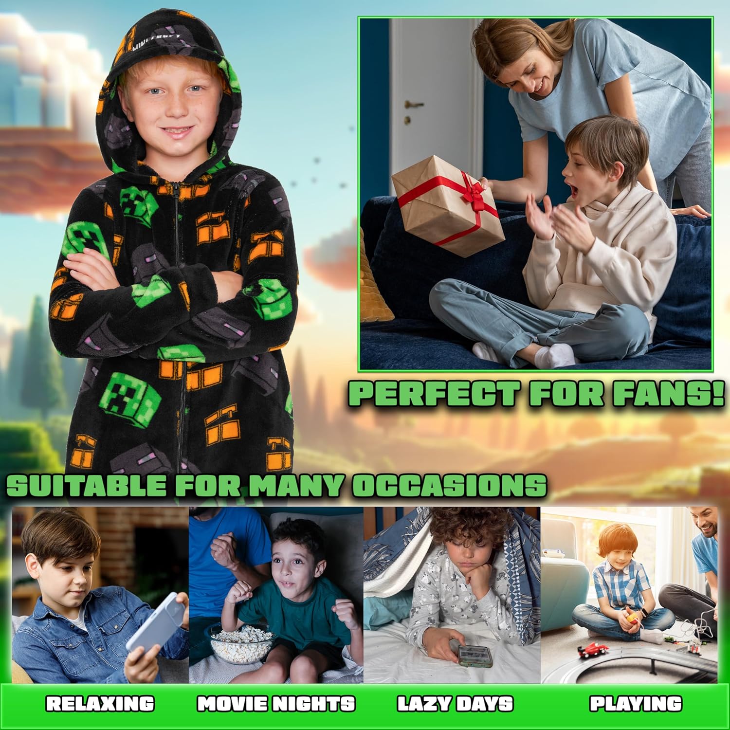 Minecraft Boys Fleece Hooded One-Piece Pajamas, Warm Fleece Hooded Loungewear Suit for Boys - Gifts for Gamers - Image 3