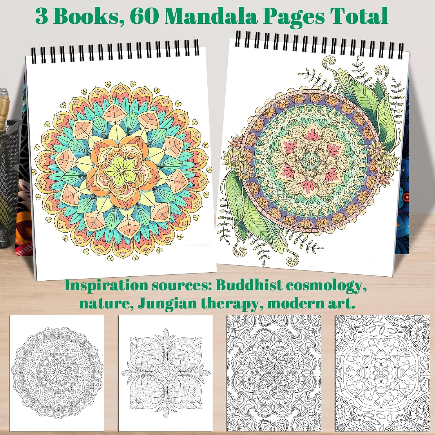 Kalysky Mandala Adult Coloring Book Set - 3 Pack Spiral Bound Coloring Books for Adults Relaxation, 60 Original Mandala Designs, Stress Relief Anxiety Relief Gifts for Women Men