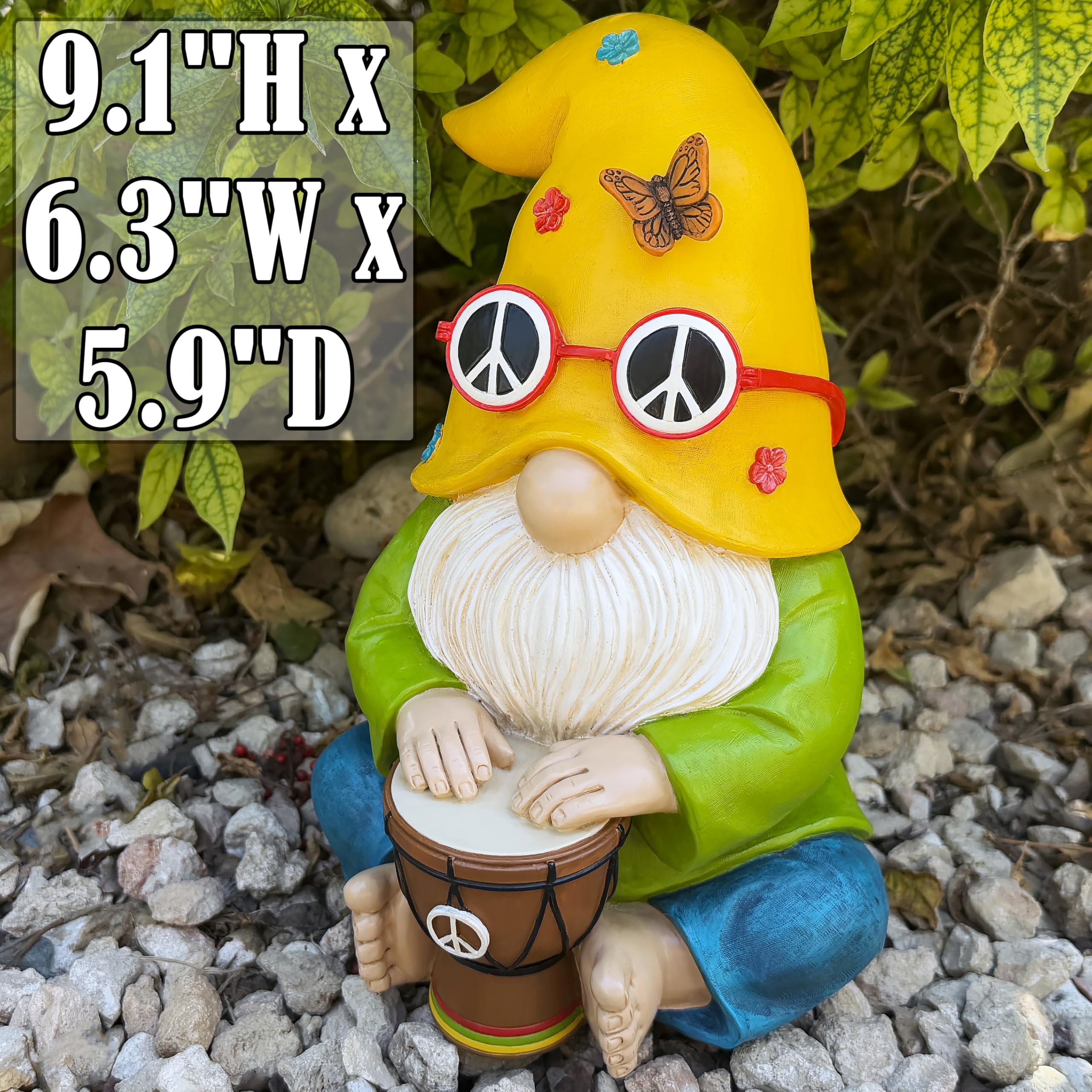 Mood Lab Ogród krasnal - hipisowski perkusista krasnal figurka - 20 cm wysokości zabawna statuetka trawnika - do dekoracji na zewnątrz lub domu