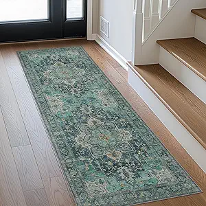 GENIMO 2x10 Runner Rugs for Hallway, Machine Washable Non Slip Vintage Rugs, Low Pile Lightweight Soft Print Rug for Enrtyway, Corridor, Home Office, Kitchen, Dark Green