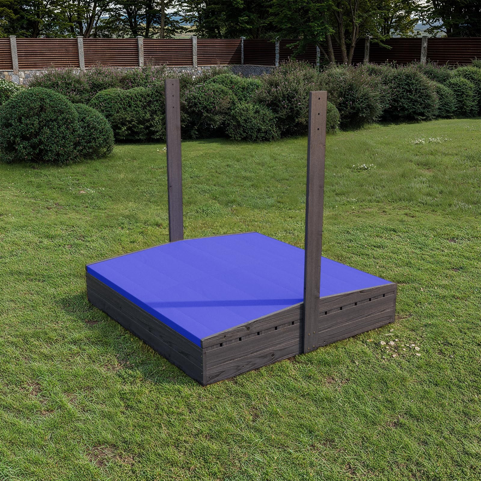 QLS Bac à Sable Bois 120 cm avec Toit et Banc Bleu/Anthracite