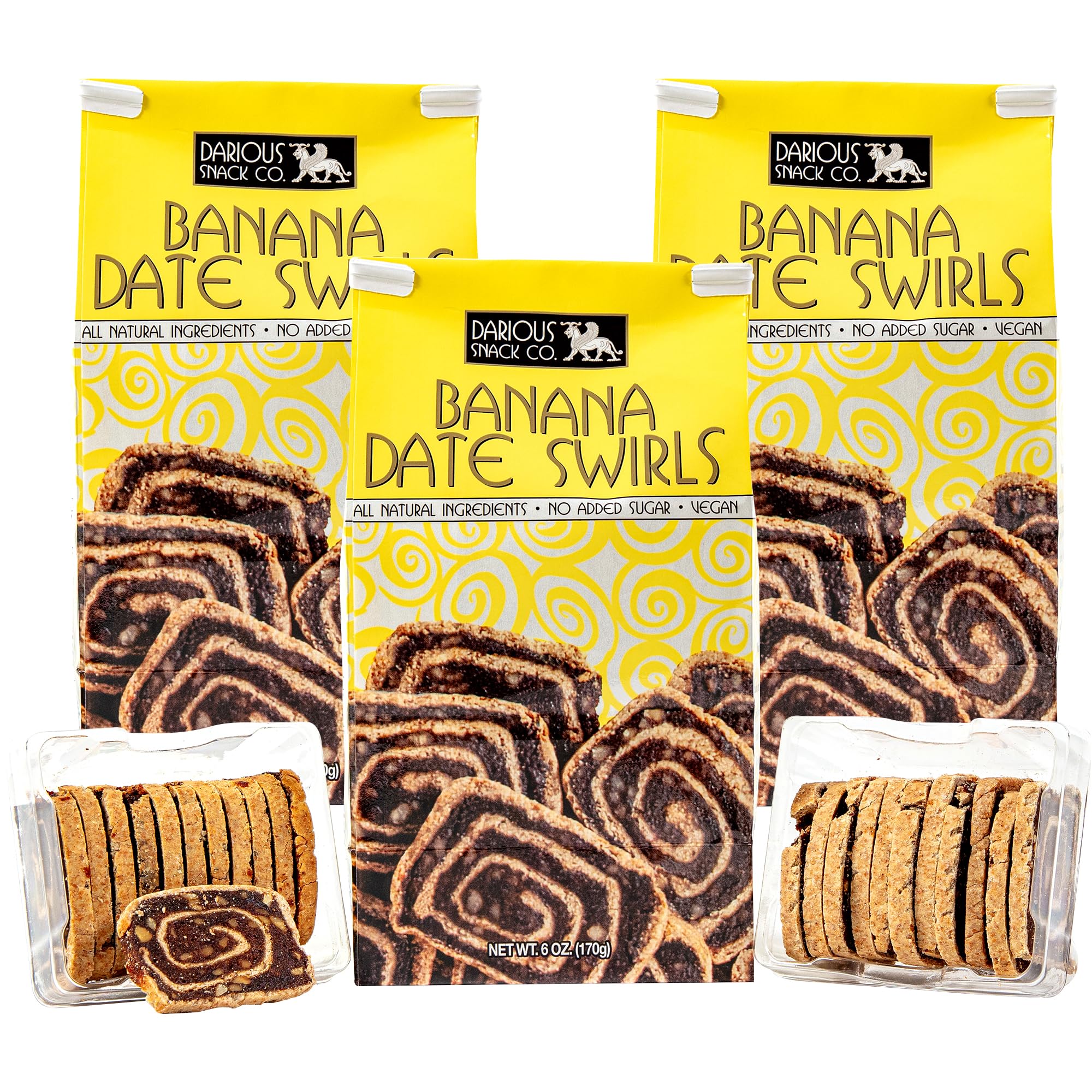 Darious Snack Co. VEGAN and PALEO Banana Date Swirls for Delicious BreakFast, Slightly Sweet and Savory Snacks, All Natural Ingredients, Holiday Food Gifts, 3 Pack - 6 oz Each Bag