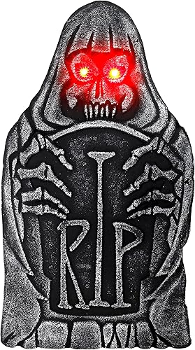 Miniatura 4 de JOYIN Paquete de 5 decoraciones de lápida de cementerio de Halloween, lápida espeluznante (2 con luces LED), para decoración de letreros de patio,